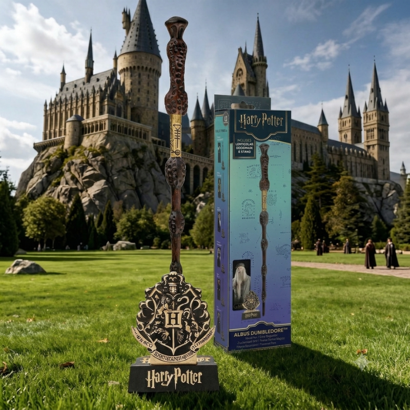 lápiz Harry Potter con forma de varita de sauco de Albus Dumbledore sobre soporte expositor de Hogwarts chile